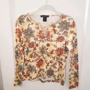 90s/Y2K Floral Lace Up Long Sleeve Top Size Small